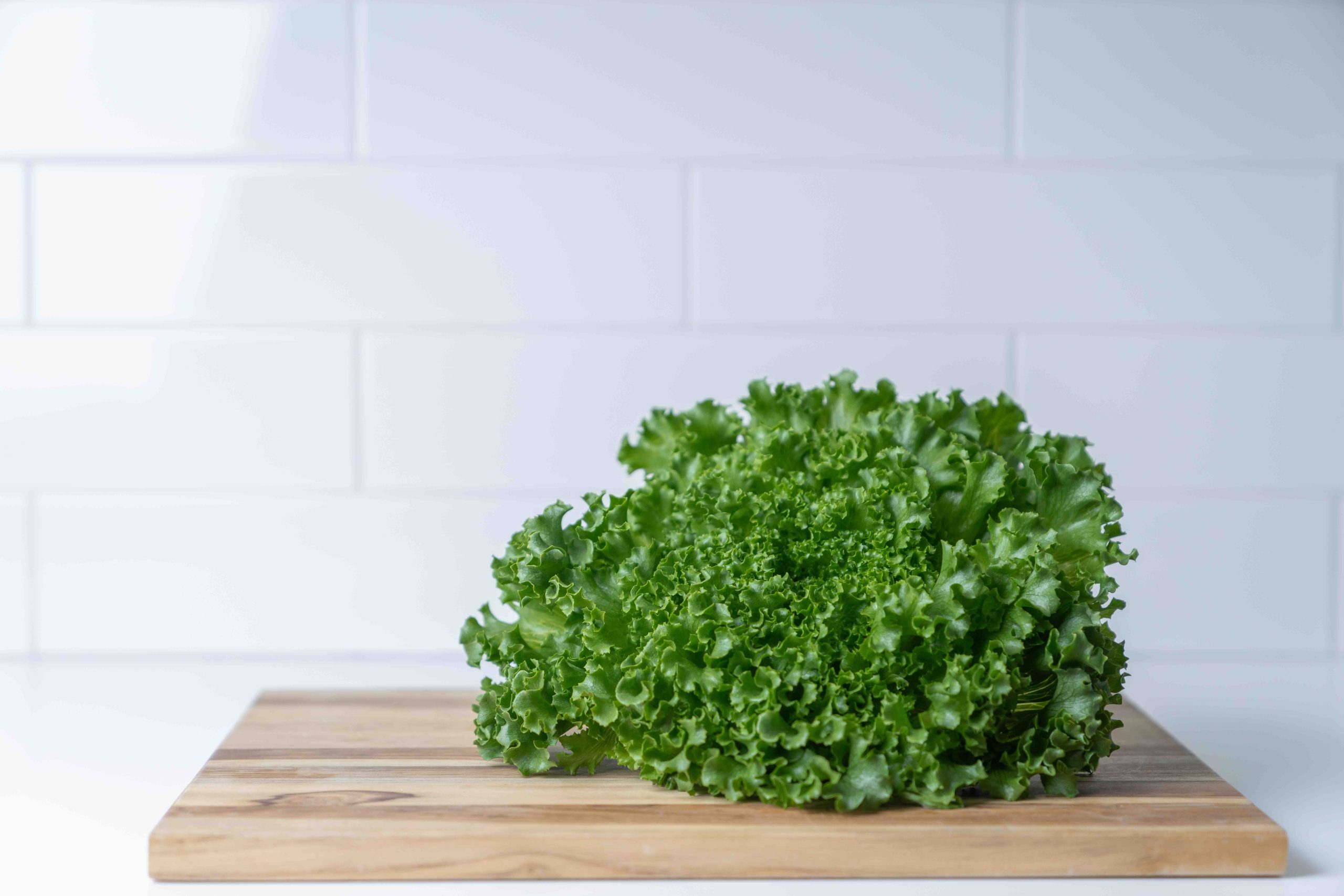 A head of lettuce with green frilly leaves sits on a wooden cutting board, in a kitchen. The counter and tiled backsplash are off-white.