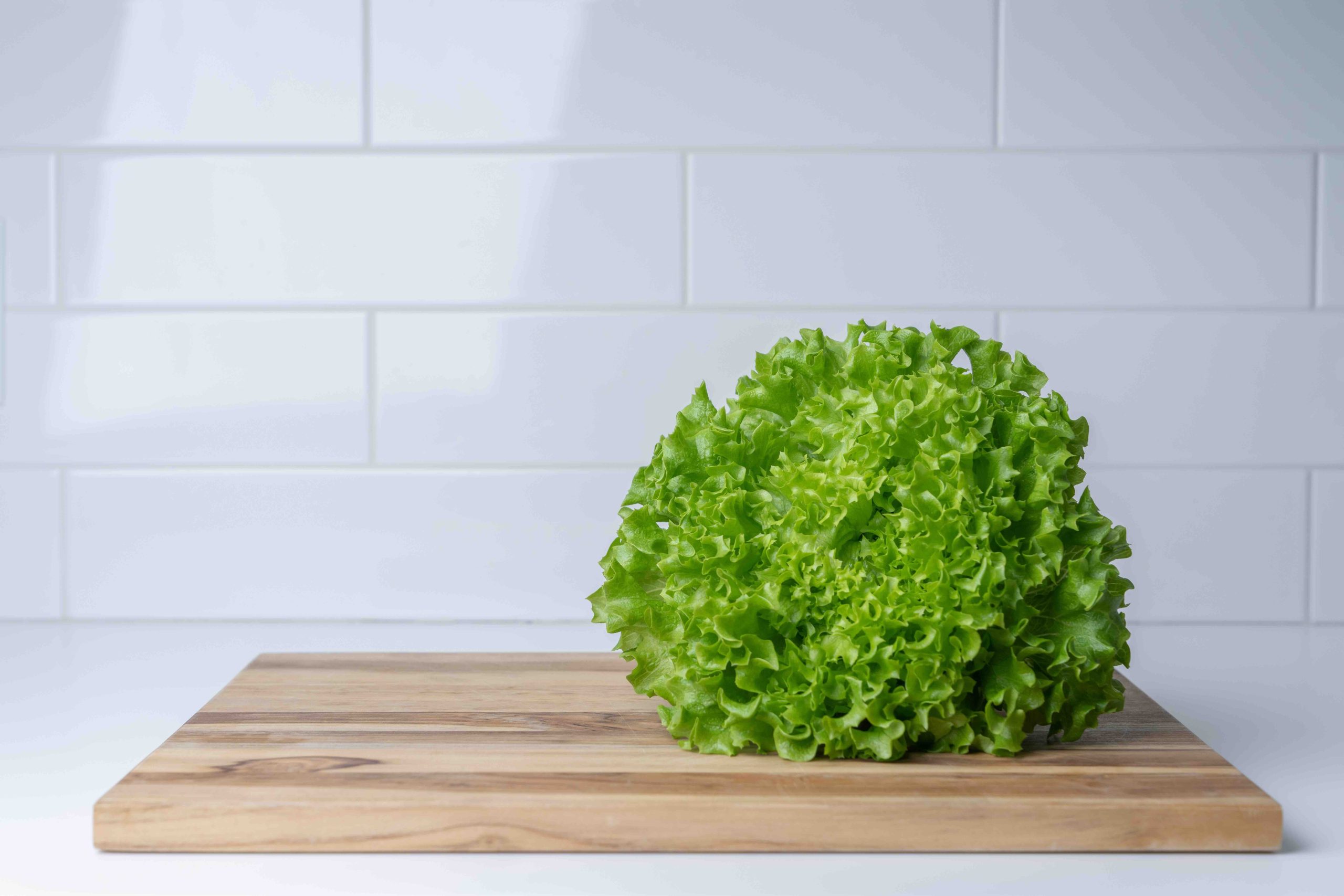 A head of sweet leaf lettuce with frilly light green leaves, sits on a wooden cutting board, in a kitchen. The counter and tiled backsplash are off-white.